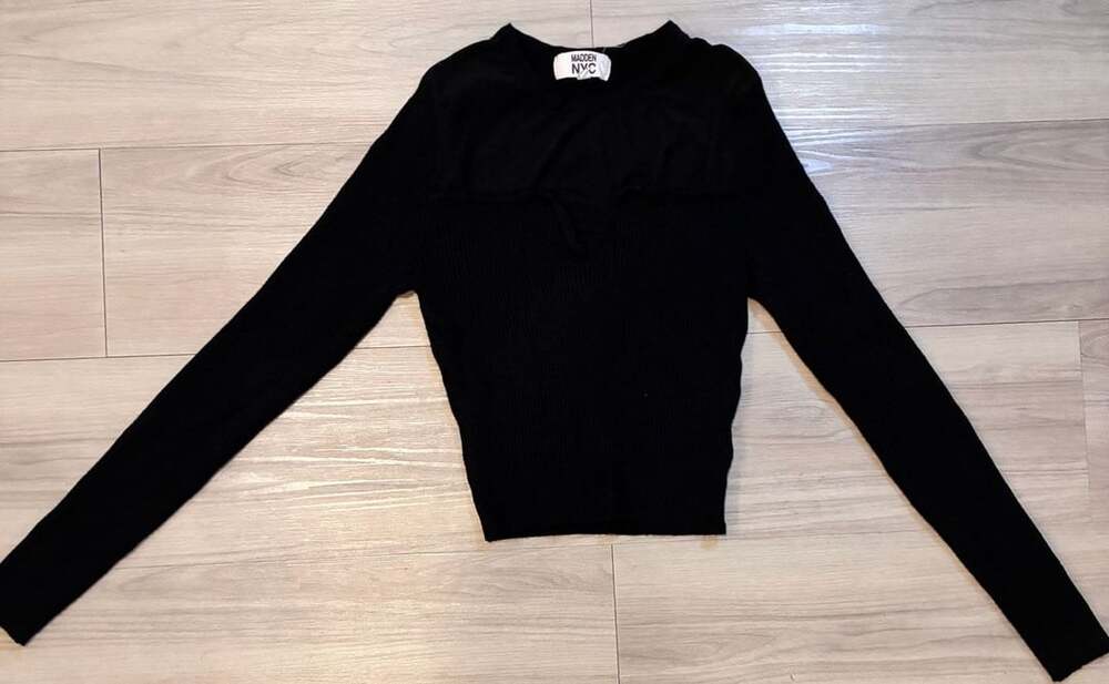 Madden Nyc Long Sleeve Top Size L Black Ribbed Mesh